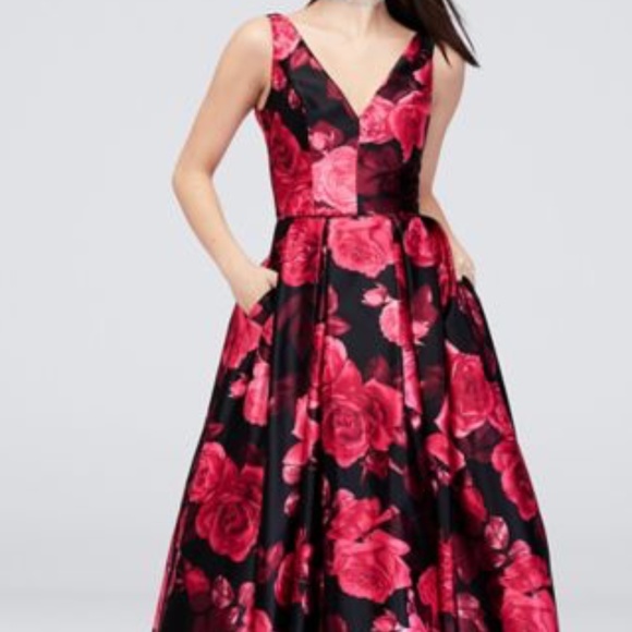 Satin Floral V-Neck Ball Gown - Picture 1 of 7